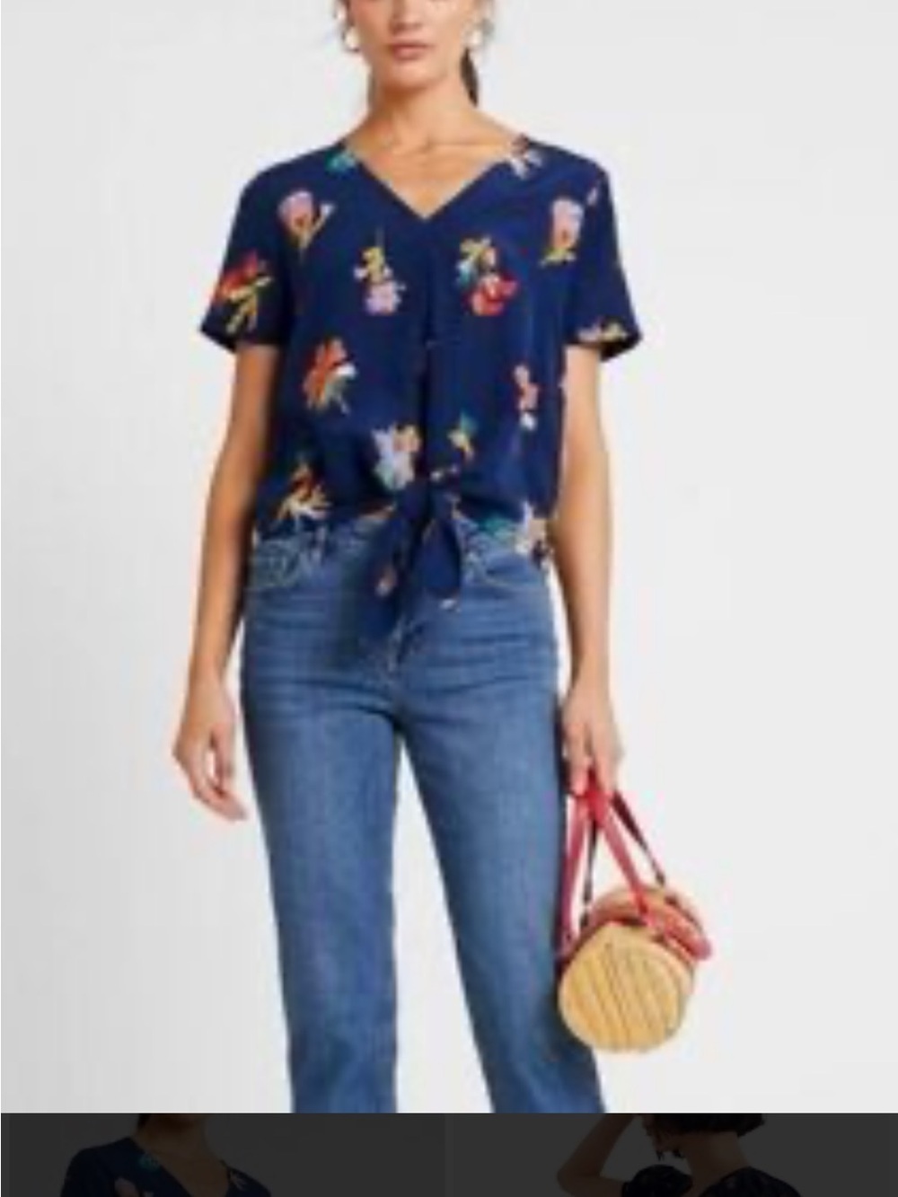 Madewell Navy Floral Tie-Front Short Sleeve Top